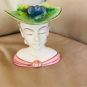 Elegant Ceramic Lady Head vase with Green Hat
